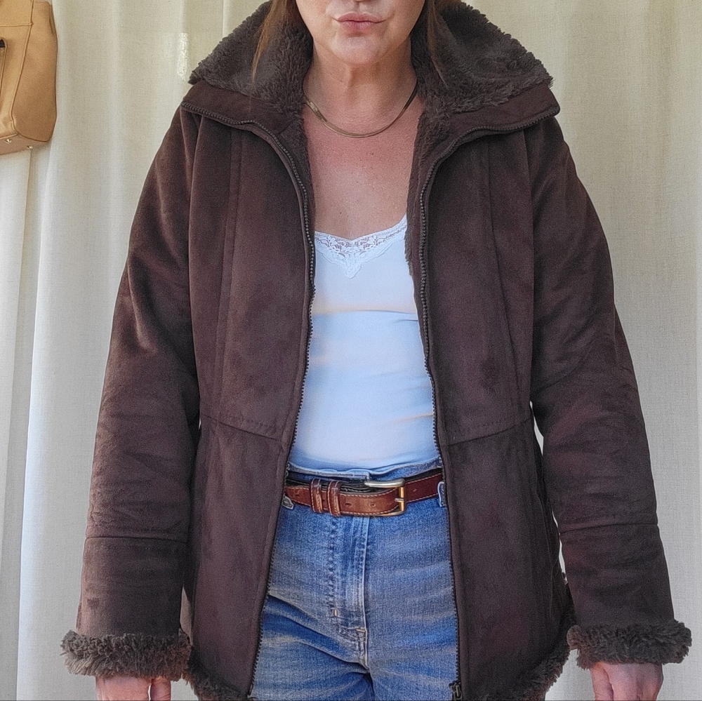 Johnston & Murphy Chocolate Brown Winter Faux Leather Faux Seude Coat Jacket - Picture 7 of 11